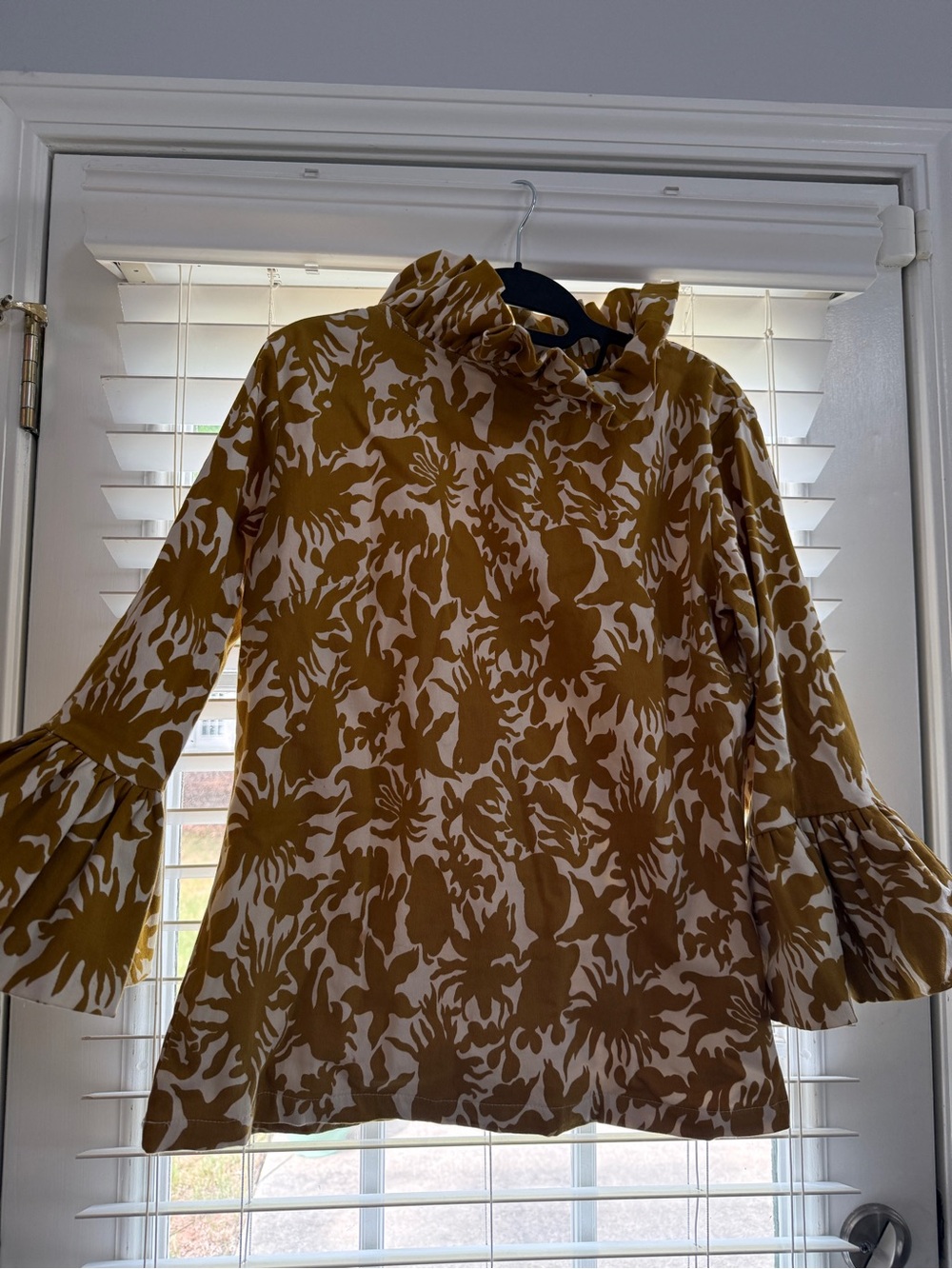 Elizabeth Wilson Ruffled Neck Floral Print Blouse in Mustard and White